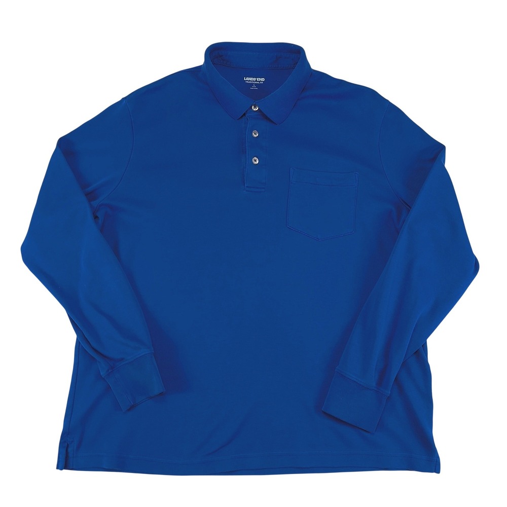 Lands End Mens Traditional Fit Long Sleeve Polo Shirt Blue Large Pocket Pima